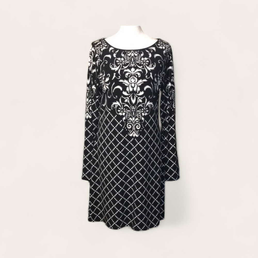 White House Black Market Monochrome Stretch Long Sleeve Dress in Blk & Wht Sz M